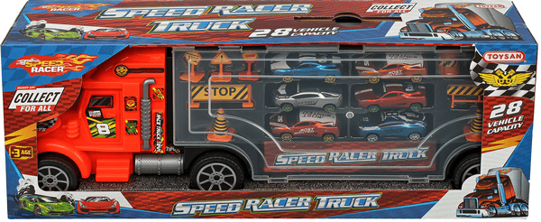 Camion de 53cm orange avec 6 voitures métalliques